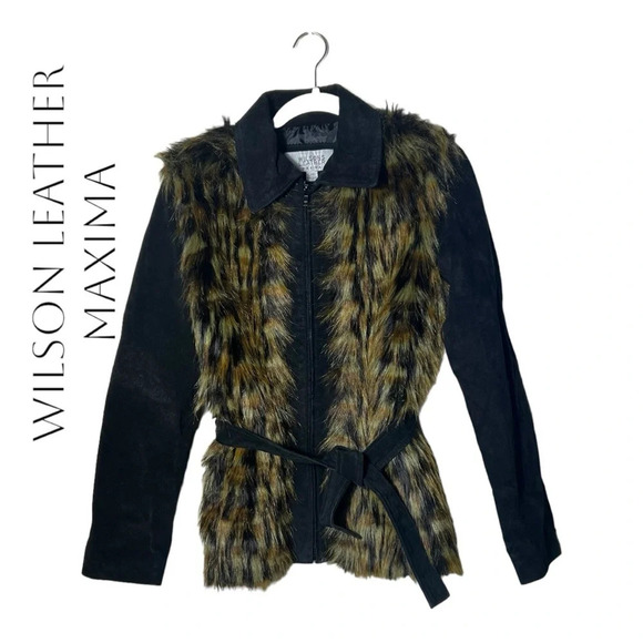 C2. WILSON LEATHER MAXIMA SUEDE WITH FAUX FUR JACKET WITH BELT SIZE MEDIUM BLACK - Picture 1 of 7
